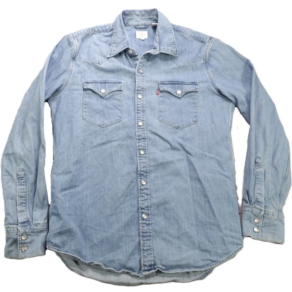 Levi's Men Pearl Snap Western Denim Shirt Medium Light Wash Blue Long Sleeve EUC